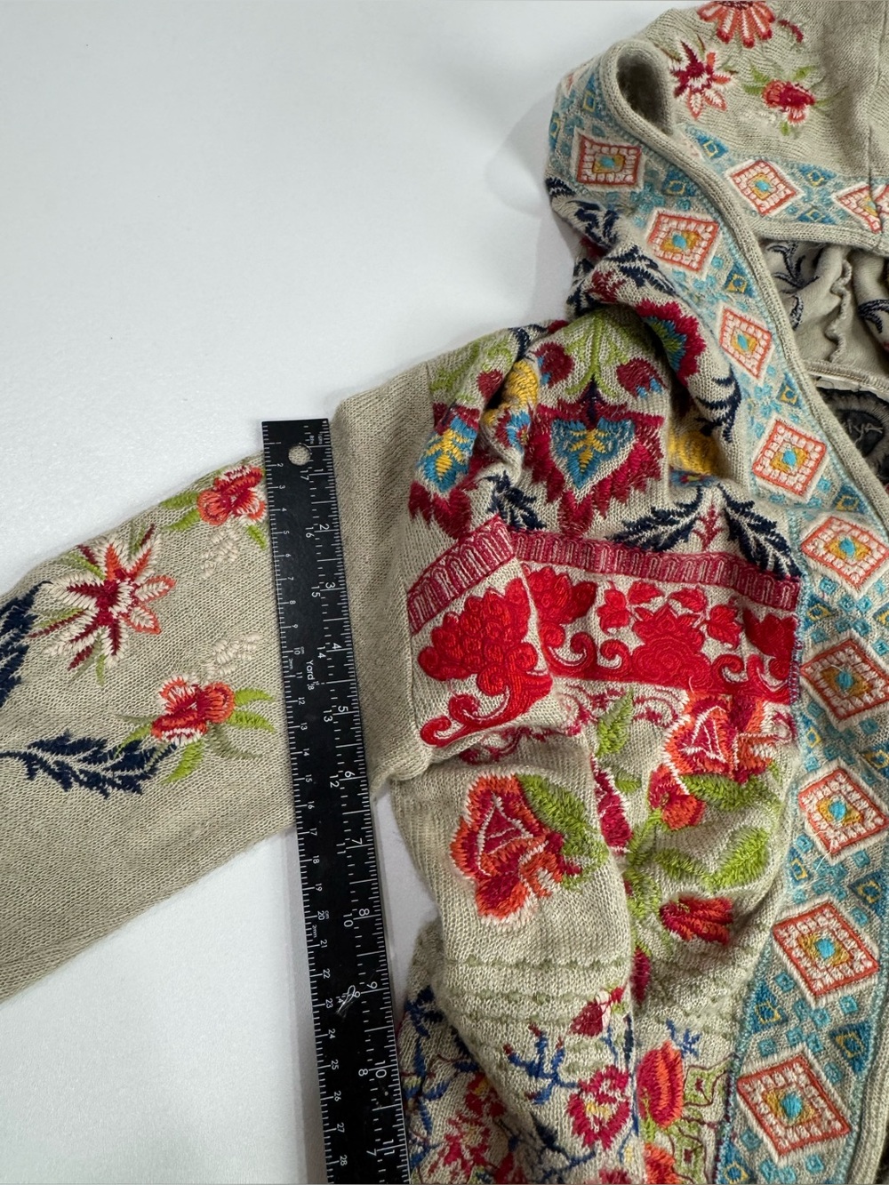 JOHNNY WAS BIYA HOODED OPEN CARDIGAN Sweater Sz S Tan Multicolor Embroidered - Picture 6 of 12